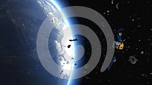 Space debris from defective satellite due to orbital collisions and small parts from space flights fly in orbit of the earth