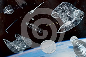 Space debris of planet Earth. Plastic debris in space. Elements of this image furnished by NASA.