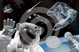 Space debris. Plastic debris in space and an astronaut. Elements of this image furnished by NASA photo