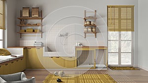 Space devoted to pet, pet friendly laundry room in yellow and wooden tones with appliances and dog bath shower. Shelves with dog