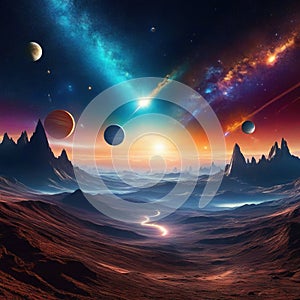 Space digital Surreal fantasy Nebula with planets and