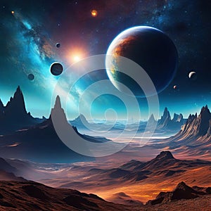 Space digital Surreal fantasy Nebula with planets and