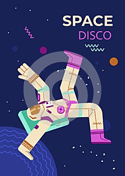 Space disco banner for party on cosmic thematic flat vector illustration.