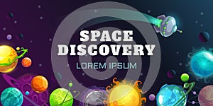 Space discovery concept illustration. Vector horizontal cosmic banner