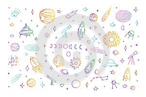 Space doodle set. Color astronomical objects collection