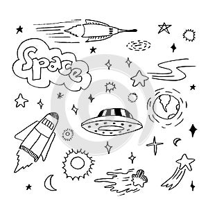 Space doodle vector elements.hand draw set of space icon on white background