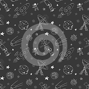 Space doodles icons seamless pattern. Hand drawn sketch with meteors, Sun and Moon, radar, astronaut rocket and stars. vector