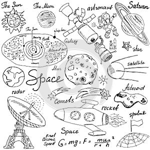 Space doodles icons set. Hand drawn sketch with Solar system, planets meteors and comats, Sun and Moon, radar, astronaut rocket an
