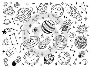 Space doodles. Sketch space planets, hand drawn celestial bodies, earth, sun and moon. Universe space planets vector