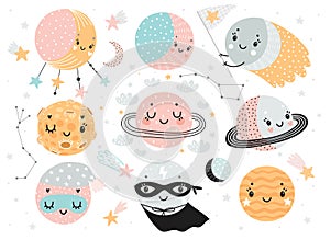 Space Dreams prints, childish hand drawn cards with moon, stars and planets