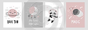 Space Dreams prints, childish hand drawn cards with moon, stars and planets