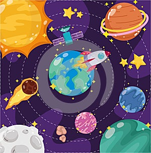 space earth planets moon sun satellite spaceship and comet cartoon