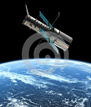 Space, earth and satellite in orbit for communication, surveillance and global research. Aerospace, engineering and