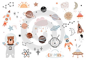 Space elements collection for kids, nursery room, planets, moon, constellation, rocket