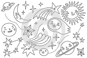 Space elements collection. Outline doodles