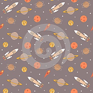 Space elements seamless pattern with rockets, planets, stars and comet