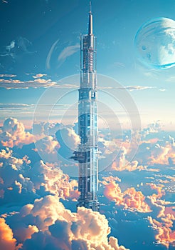 A space elevator transporting tourists from Earth into orbit, towering above the clouds.