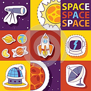 Space equipment vector illustration. Badges, patches, stickers set with Space, UFO, rocket, telescope, comet, sun, moon