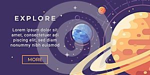 Space exploration banner flat illustration. Astronomy banner with planets