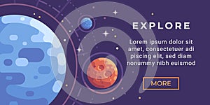 Space exploration banner flat illustration. Astronomy banner with planets