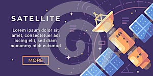 Space exploration banner flat illustration. Astronomy banner with a satellite