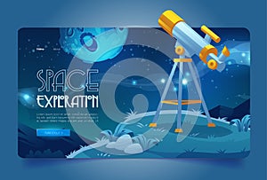 Space exploration banner with telescope on hill