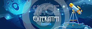 Space exploration cartoon banner with telescope