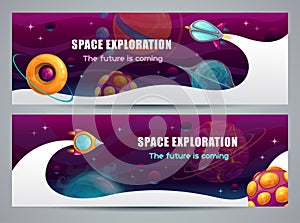 Space exploration concept, horizontal web banner. Cartoon rocket launch.