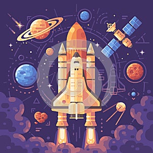 Space exploration concept. Space objects flat illustration