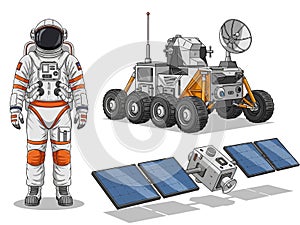 Space Exploration Elements: Astronaut, Mars Rover, and Satellite Vector Set