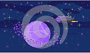 Space exploration, fantasy alien landscape. Cartoon pixel art background. Fantastic cosmic galaxy