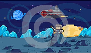 Space exploration, fantasy alien landscape with spaceship. Cartoon pixel art location for game