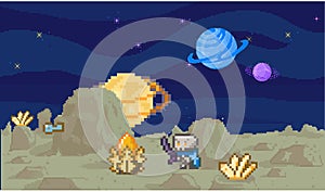 Space exploration, fantasy landscape with alien character. Cartoon pixel art background, cosmic game