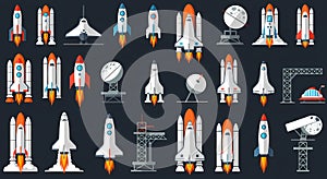Space Exploration Flat Design Icons Set with Rockets and Shuttles
