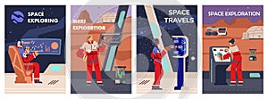 Space exploration with futuristic equipment in flat vector illustration