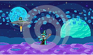 Space exploration illustration, fantasy alien landscape. Cartoon pixel art location for game