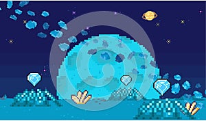 Space exploration illustration, fantasy alien landscape. Cartoon pixel art location for game