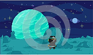 Space exploration illustration, fantasy alien landscape. Cartoon pixel art location for game