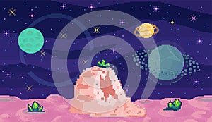 Space exploration illustration, fantasy alien landscape. Cartoon pixel art location for game