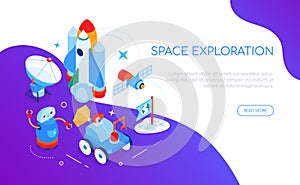 Space exploration - modern colorful isometric web banner