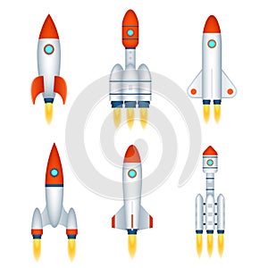 Space exploration rocket cosmos spaceship future technology symbol shuttle 3d realistic cartoon design icons set