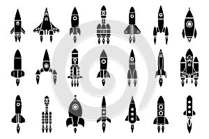 Space exploration rocket cosmos spaceship shuttle launch silhouette design icons set vector illustration