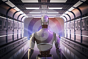 Space exploration technology with robotic astronaut on space shuttle