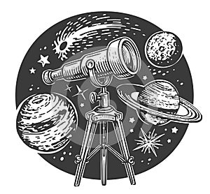 Space exploration. Telescope, stars and planets. Astronomy concept. Vintage vector illustration