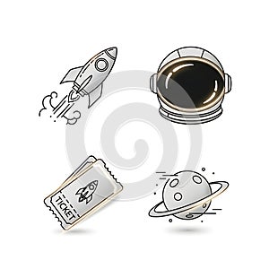 Space Exploration Theme Set with Rocket, Astronaut Helmet, Ticket, and Planet