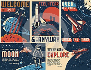 Space exploration vintage colorful posters