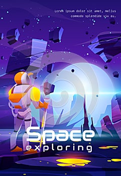 Space exploring cartoon poster astronaut on planet