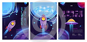 Space exploring posters saucer, planets, rocket
