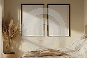 Two empty black-framed squares on a light wall in a cozy bedroom with soft bedding and decor photo