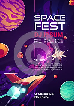 Space fest cartoon banner, music show or concert